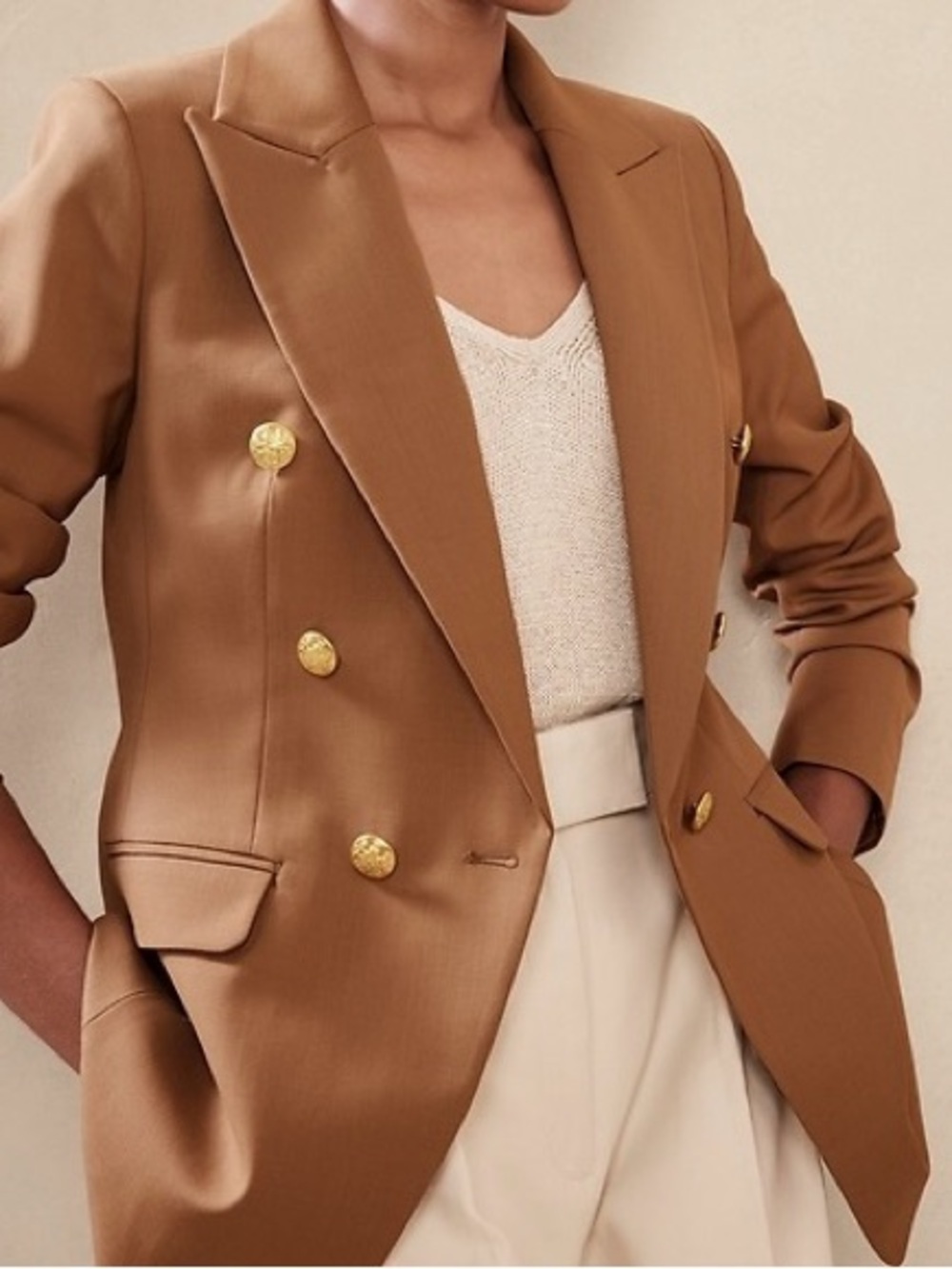Banana Republic Tan Double-Breasted Blazer with Gold Buttons